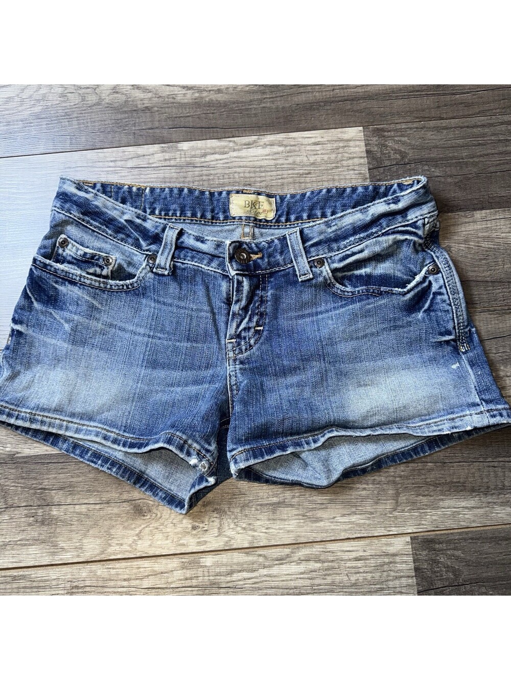 BKE Denim Shorts Womens 29 Y2K Low Rise Embroidered Pockets Buckle Blue